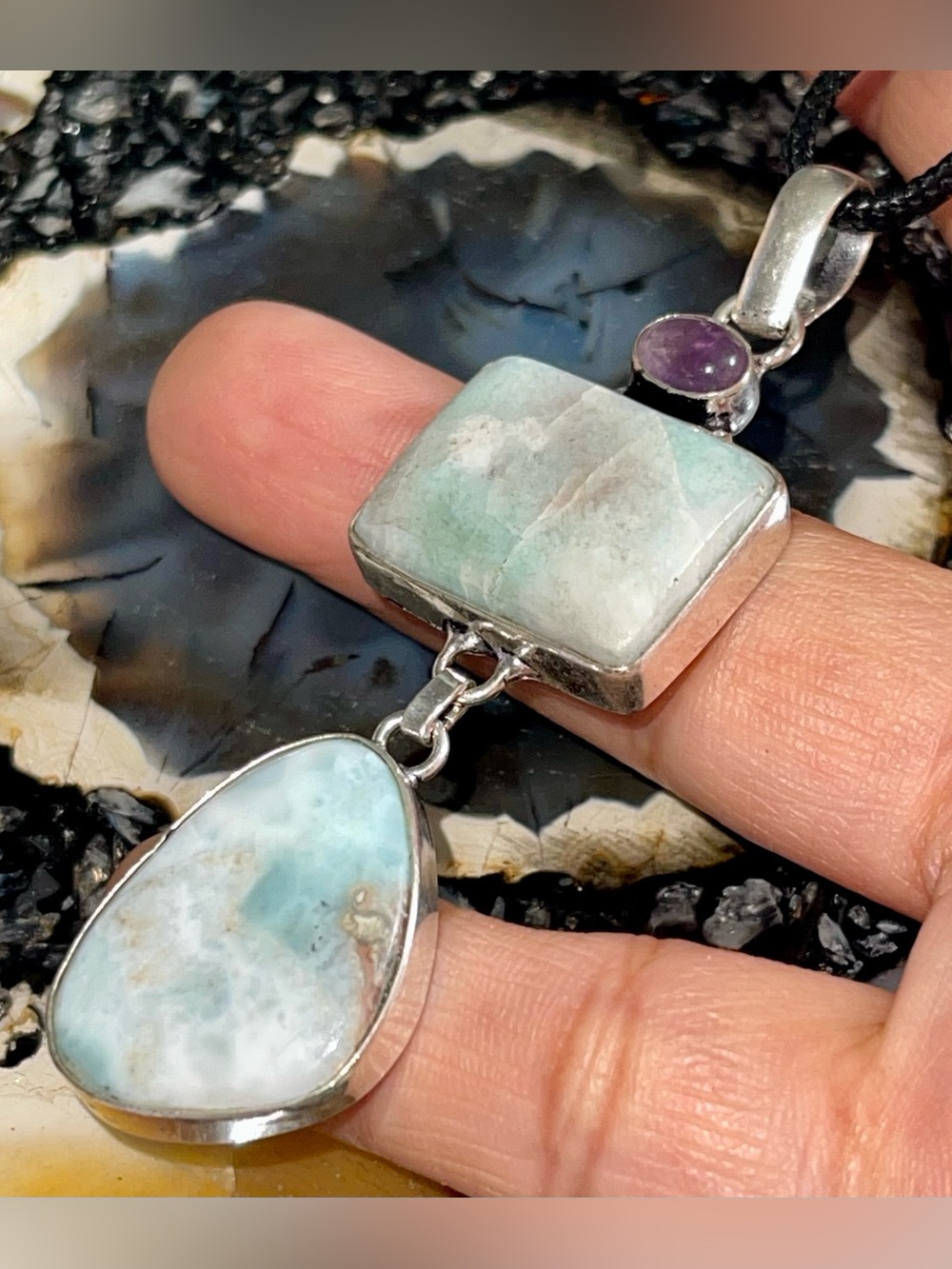 Pectolite Caribbean Larimar & Amethyst Crystal Pendant 2 7/8”